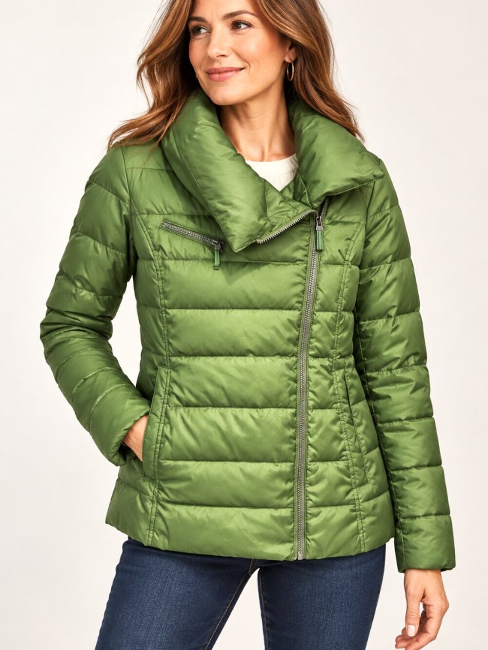 Marc New York Green Puffer Jacket, Assymetric zipper, Foldover Collar,Size Large